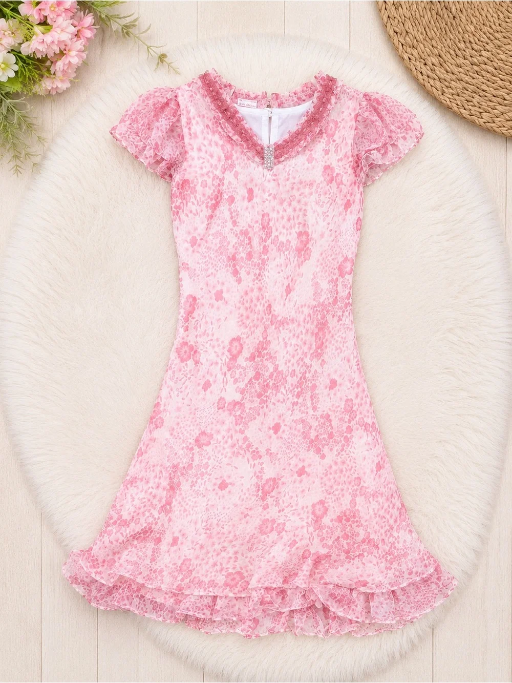 Vintage 90s April Cornell Girls Floral Pink Ruffle CottageCore Maxi Dress Sz 7/8